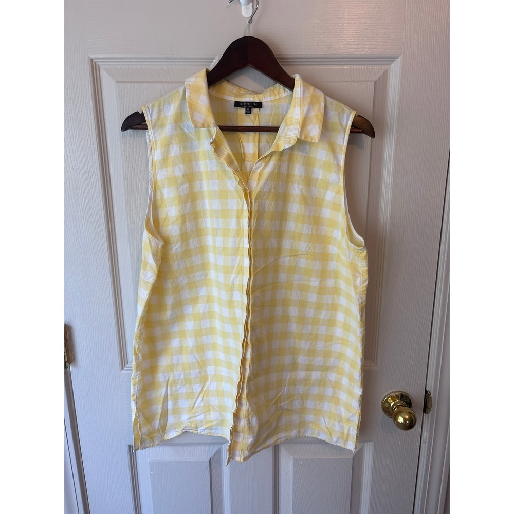 Lafayette 148 Sleeveless Shirt Women XL Yellow Gingham Check Button Down Top